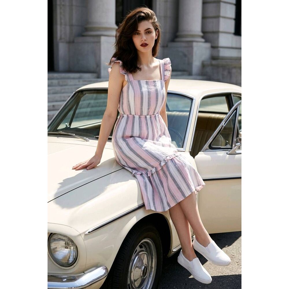 🍑Madison Grey Pink, Gray, & White Striped Sleeveless Dress Medium